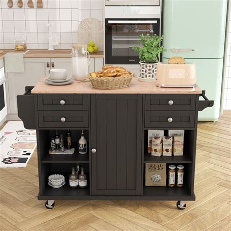 Kitchen Island Cart With Spice Rack Towel Rack Drawer Rubber Wood