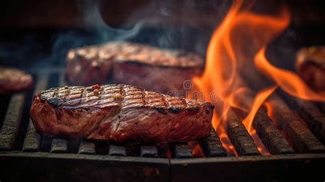 Bifes De Carne Na Grelha Chamas Gerativo Ai Ilustra O Stock