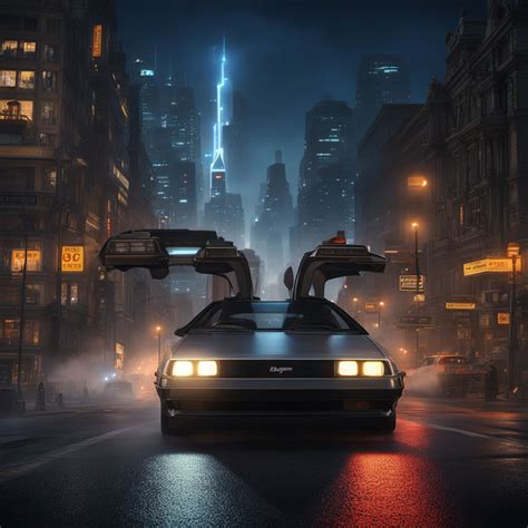 Delorean from the movie back to the future flies through a f... by JON JON - Playground