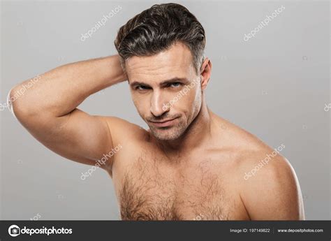 Image Handsome Mature Man Standing Isolated Grey Wall Background Naked Stock Photo By