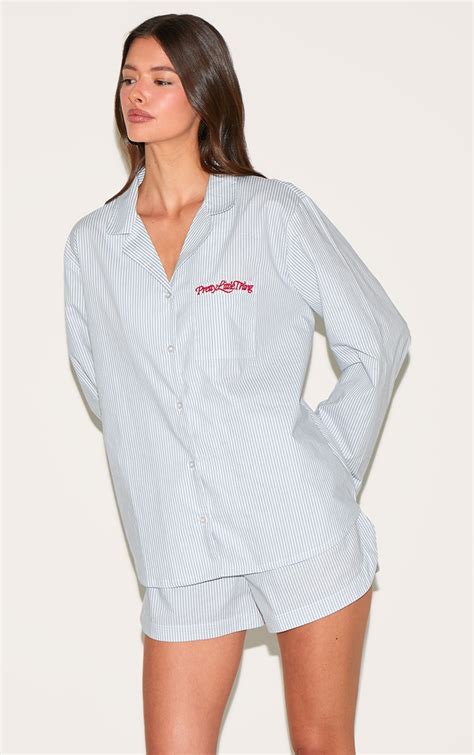 PLT Ensemble De Pyjama Surdimensionné Chemise Et Short À Rayures Bleues Brodées Lingerie