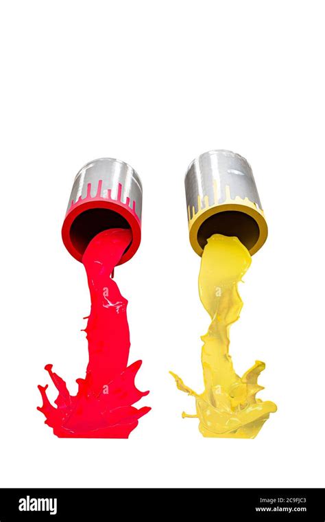 Two Metal Buckets Pouring Red And Yellow Paint Stock Photo Alamy