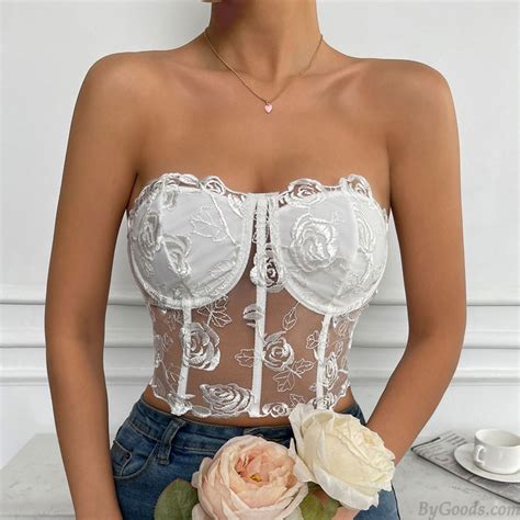 Sexy Blumen Rosen Spitze Stickerei Gittergewebe Kabellos Wickeln Bh Weste Crop Top Rückenfrei