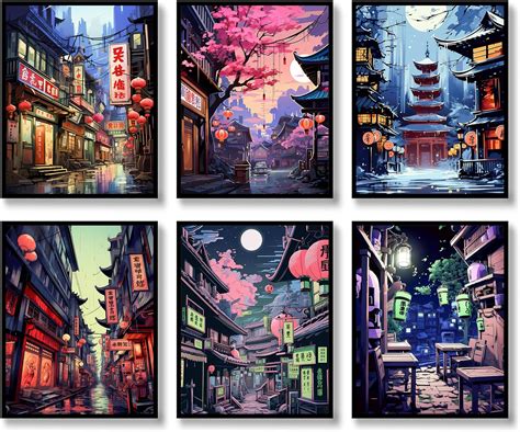 Jp Luodroduo 日本のウォールアート 6枚セット 日本の農村建築 抽象的な風景 イラスト 壁の装飾 田舎の街 キャンバスアートポスター リビングルーム 寝室