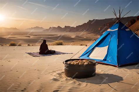 Premium AI Image | a tent in the desert with a desert landscape in the ...