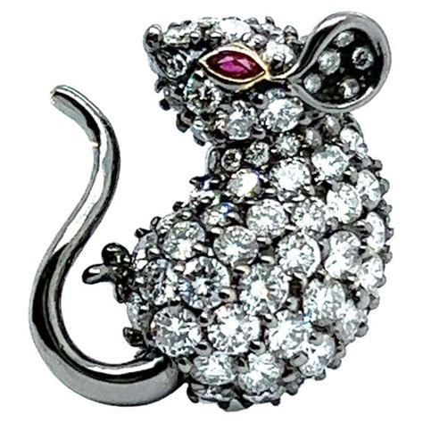 Cute Diamond Mouse Brooch In 18 Karat Blackened White Gold For Sale At