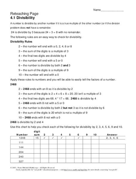 Divisibility Worksheet For 5th 8th Grade Lesson Planet