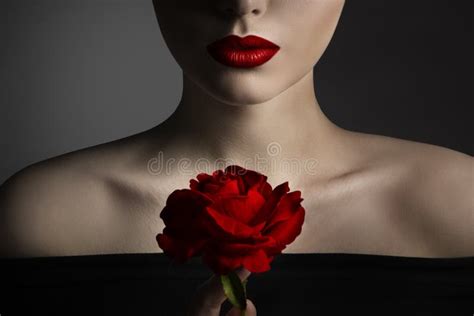 Red Rose Flower And Model Lips Close Up Fine Art Portrait Beauty Model