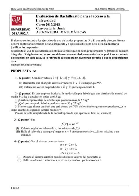 EBAU Matemáticas La Rioja Exámenes y Soluciones 2024