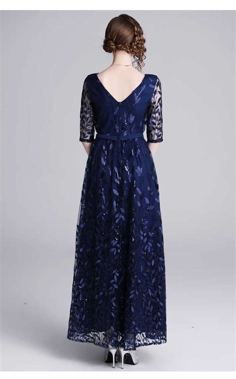 Tingfly Vintage Elegant Leaf Embroidery Royal Blue Prom Maxi Dresses