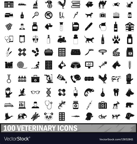 100 Veterinary Icons Set Simple Style Royalty Free Vector