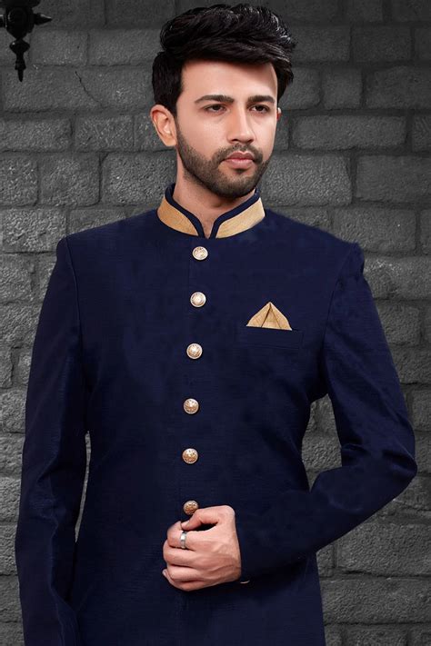 Solid Color Dupion Art Silk Asymmetric Sherwani In Navy Blue Ucchal