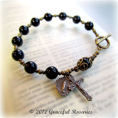 Mens Rosary Bracelet Black Onyx Gemstones Catholic Rosary