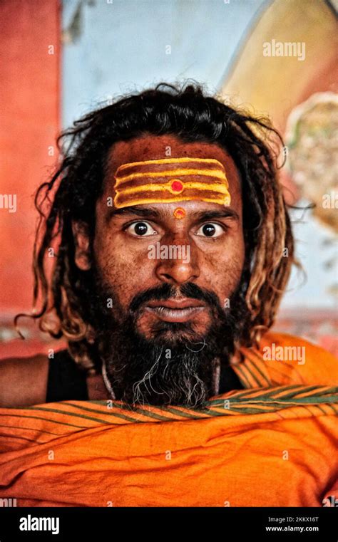 Portrait Of A Sadhu Holy Man On The Ghats Of River Ganges Varanasi