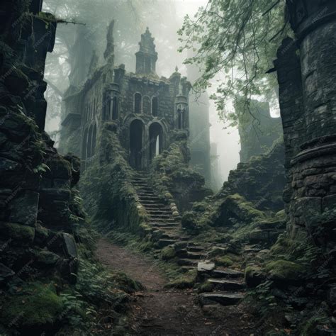 Premium AI Image | Forgotten castle hidden deep within a misty forest