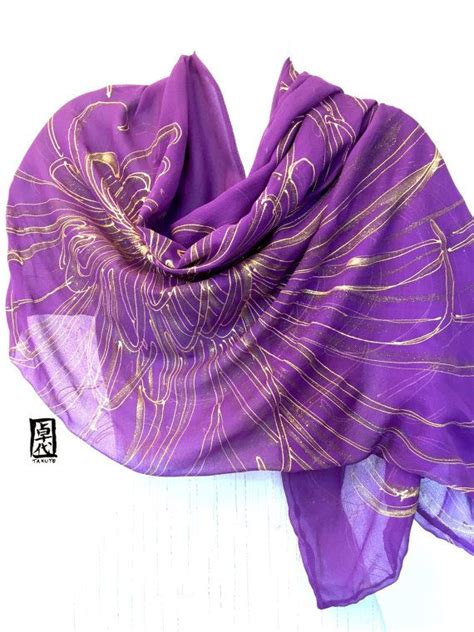 Oversized Scarf Handpainted Silk Purple And Gold Purple Etsy Silk