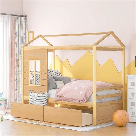 Buy Merax Twin Size House Bed for Kids Wood House Bed Frame with 2 ...