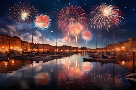 Premium Photo | Fireworks are lit up over a lake and docks