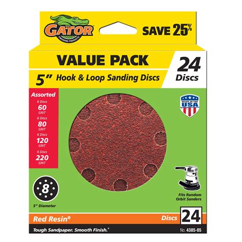 Gator 5 Inch 8 Hole Aluminum Oxide Hook And Loop Sanding Disc Assorted