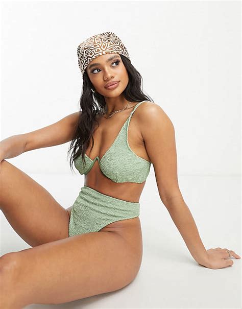 Asos Design Mix And Match Crinkle Bikini In Khaki Asos