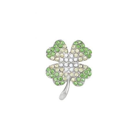 Clover Green Crystal Silver Tone Flower Brooch