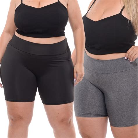 Kit 02 Short Legging Feminino Plus Size Meia Coxa Cintura Alta Bermuda