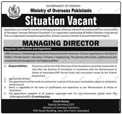 Managing Director Job Opportunity 2024 Job Advertisement Pakistan