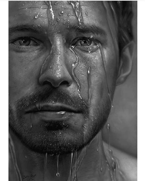 A Black And White Photo Of A Mans Face With Water Dripping From His Eyes