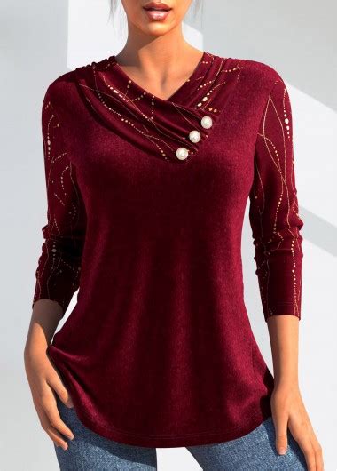 Wine Red Velvet Long Sleeve V Neck T Shirt Modlily Usd