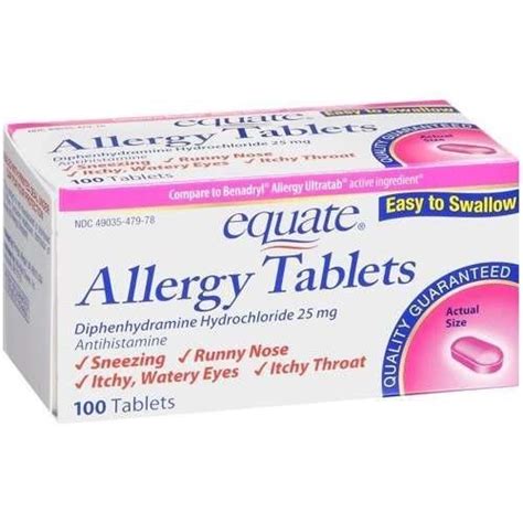 Equate Allergy Relief Diphenhydramine Hcl 25 Mg 100 Tablets Compare To Benadryl Allergy Ultratab