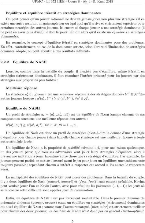 Optimum De Pareto Et Quilibre De Nash