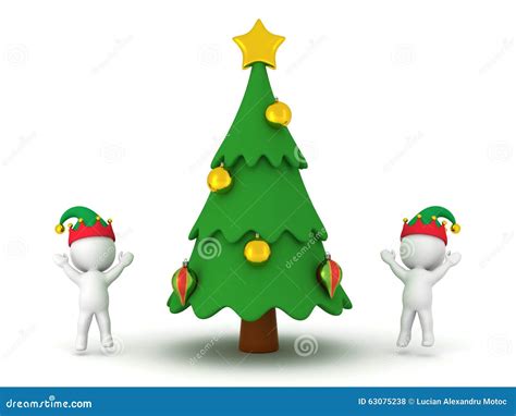 3d Characters With Elf Hats Cheering And Decorated Cartoonish Ch Stock