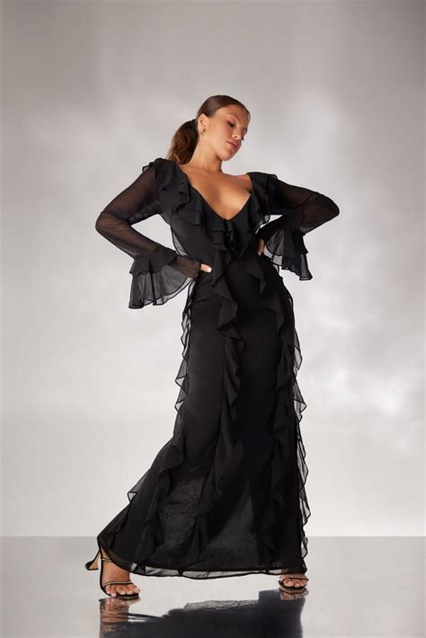 Black Ruffle Long Sleeve Maxi Dress Heiress Beverly Hills