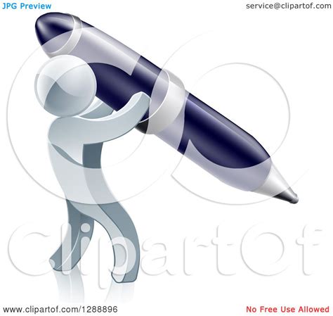 Clipart Of A 3d Silver Man Using A Giant Pen Royalty Free Vector