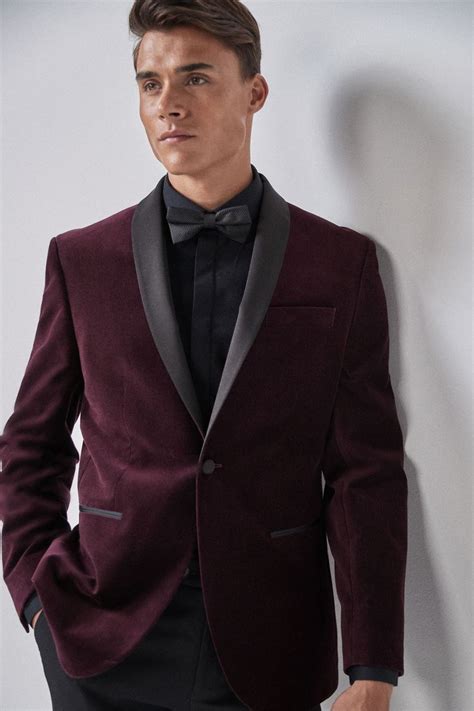 Mens Next Burgundy Regular Fit Velvet Shawl Collar Tuxedo Jacket Red