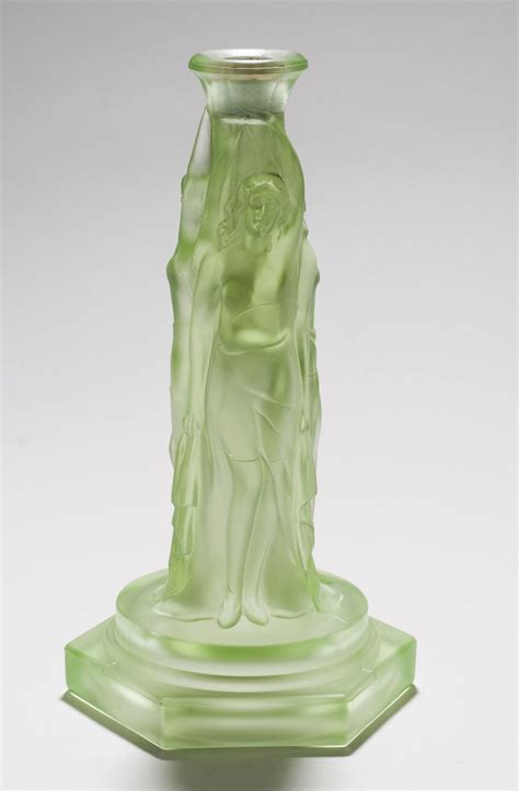 Art Deco Walther Sohne Green Vaseline Glass Three Graces Candlestick