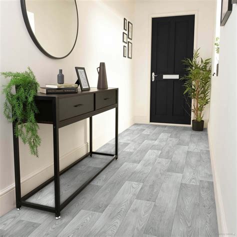 Grey Wood Effect Sheet Vinyl Flooring Lino in Random Plank Pattern for ...