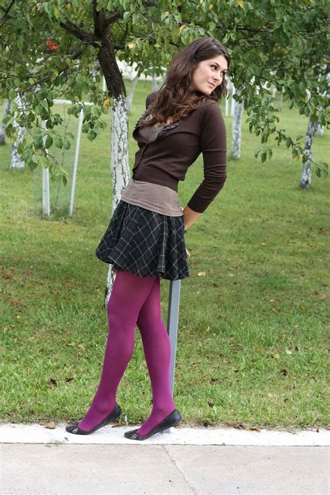 Burgundy Tights Dark Green Tartan Skirt And Brown Pullover Fashion Tights Cute Preppy