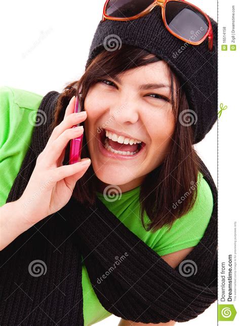 Menina Que Fala Pelo Telefone De Pilha Foto De Stock Imagem De Canido