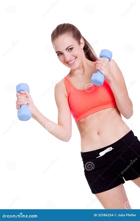 Entrenamiento Sonriente Sano De La Muchacha Con Pesa De Gimnasia Foto