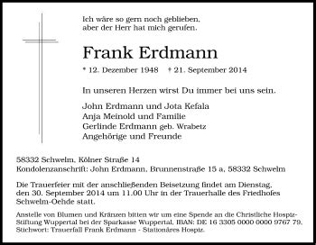 Traueranzeigen Von Frank Erdmann Trauer In Nrw De