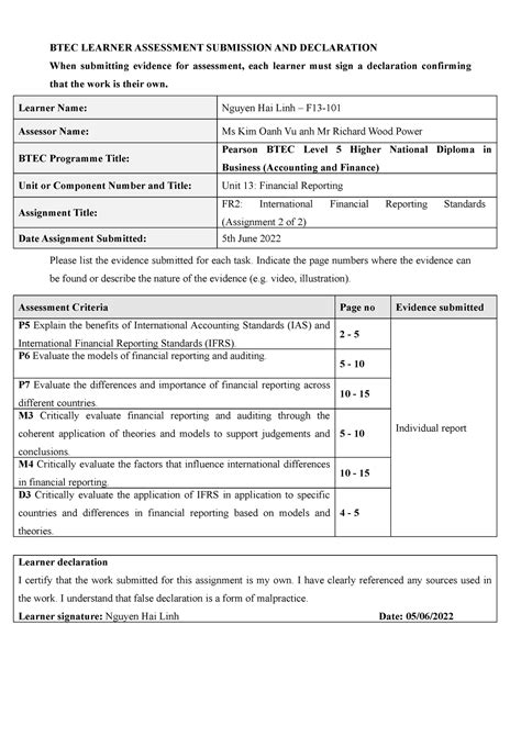 Msbp 2020 21 Btec Learner Assessment Submission Declaration Template V1 Btec Learner