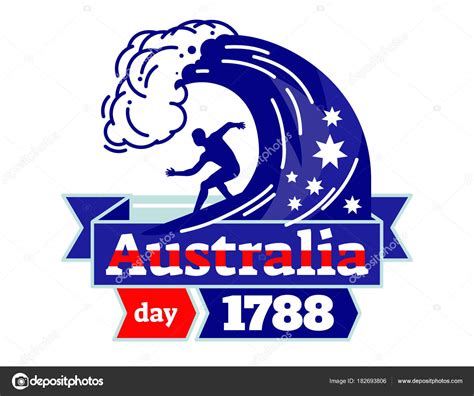 Australia day 1788 illustrated vector logo badge, surfer on a board ...