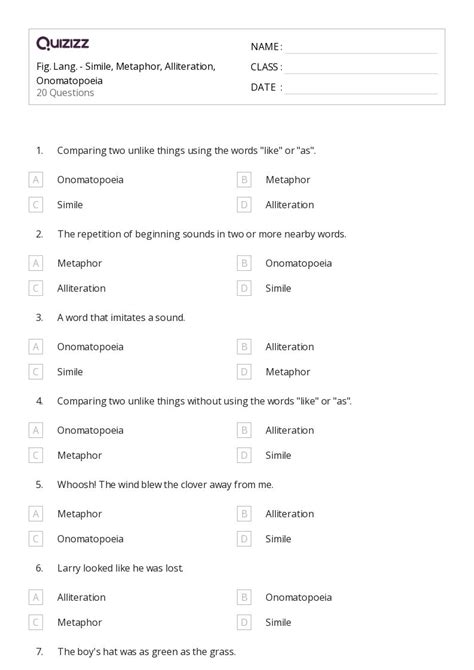 50 Alliteration Worksheets For 6th Grade On Quizizz Free Printable