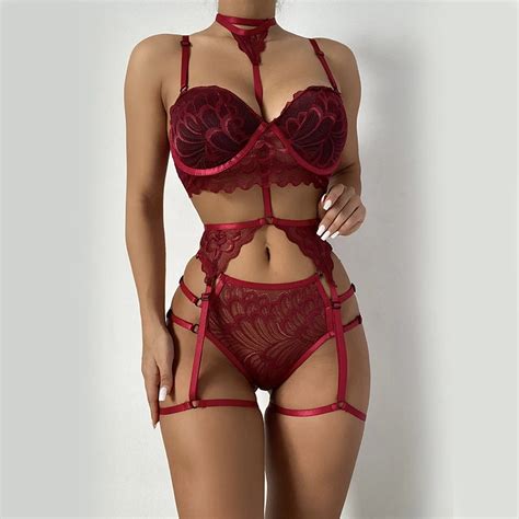 Sexy Lingerie For Women Lace Shapewear Perspective Sex Suit Halter Neck Embroidered Push Up Bra