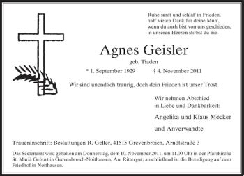 Alle Traueranzeigen für Geisler Agnes trauer rp online de