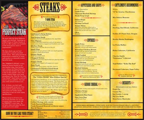 Cattlemen's Steakhouse menu in Oklahoma City, Oklahoma, USA