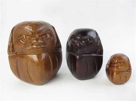 Japanese Vintage Wood Carving Daruma Daruma Dolls Set Of 3