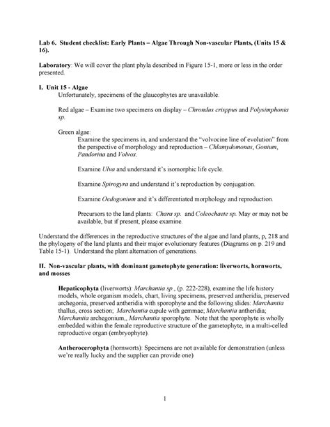 Lab 6 Students Checklist 1 Lab 6 Student Checklist Early Plants