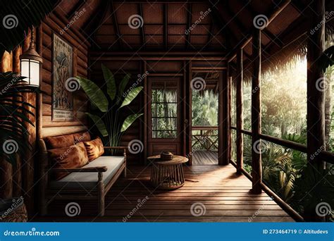 Tropical Wooden Hut Interior Design in Jungle Stock Illustration ...